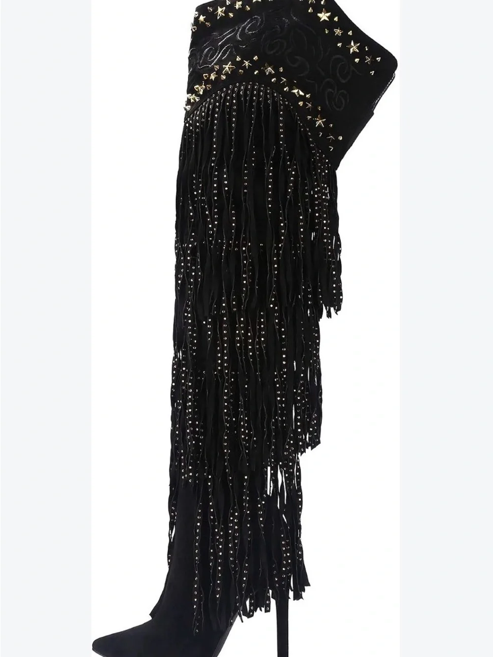 Cape Robbin Black Fringe Over-the-Knee Stiletto Boots with Gold Studs